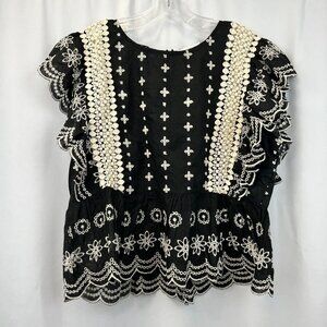 Monograph Womens Black Embroidered Back Zip Round Neck Cropped Top Size Medium